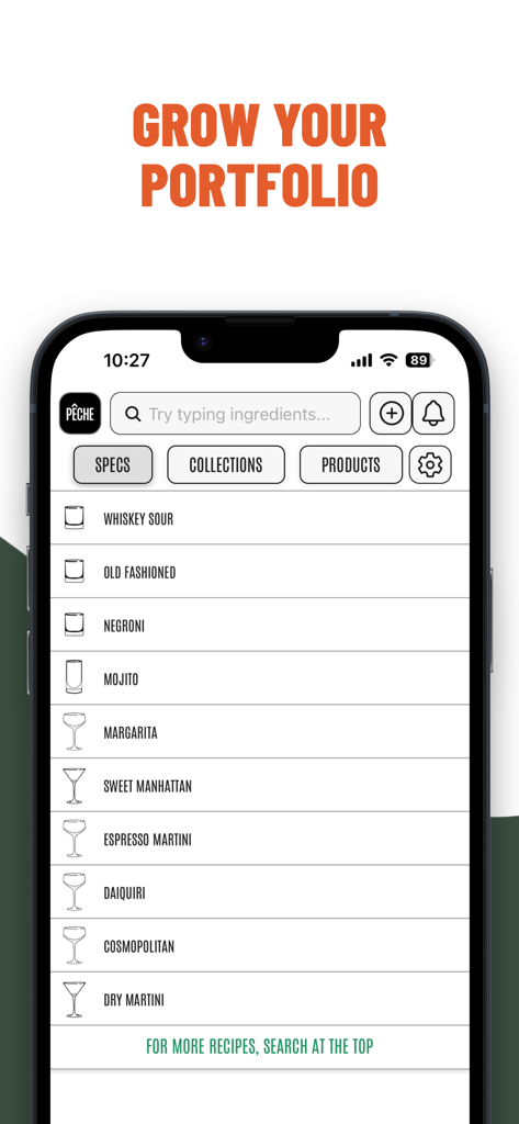 Ein Smartphone-Bildschirm, der die Peche-App-Oberfläche mit einer Liste klassischer Cocktailrezepte wie Negroni und Margarita anzeigt.