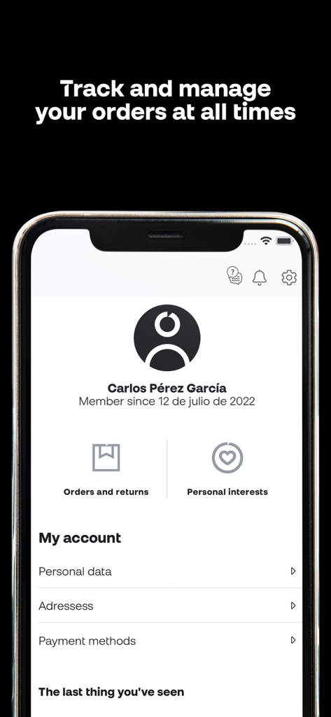 Fútbol Emotion - Futbol Emotion app screen showing user account details and order tracking options