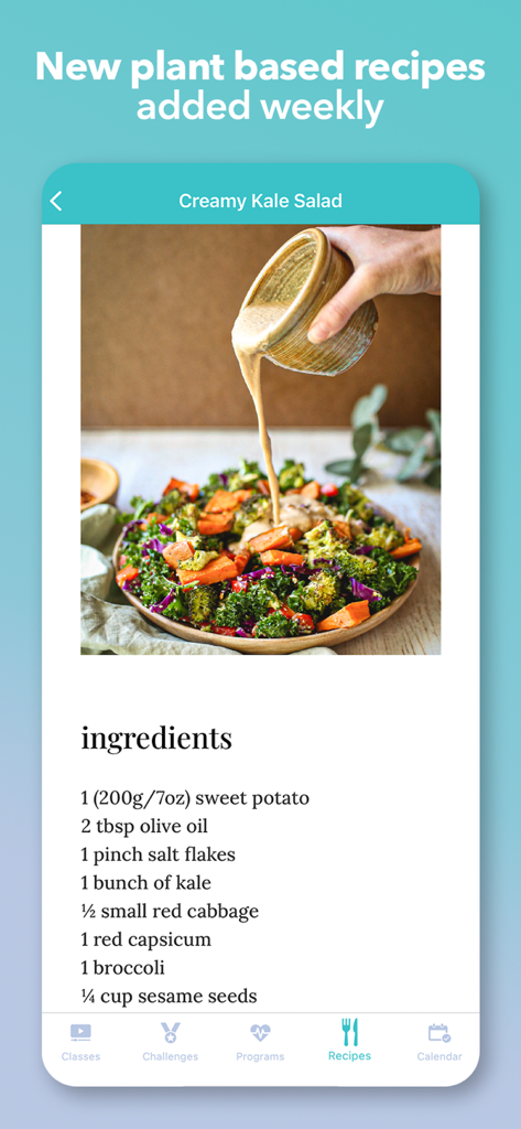 Creamy Kale Salad recipe page showing ingredients and a photo in the Fresh Body Fit Mind app