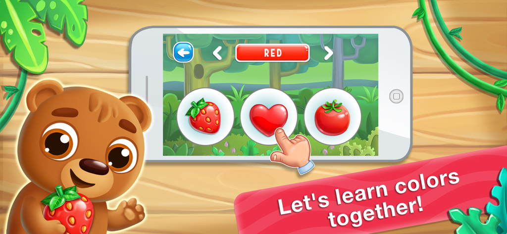 Games for learning colors 2 &4 - Un oso de dibujos animados junto a la pantalla de un móvil que muestra un juego educativo para aprender el color rojo con un corazón y una fresa.