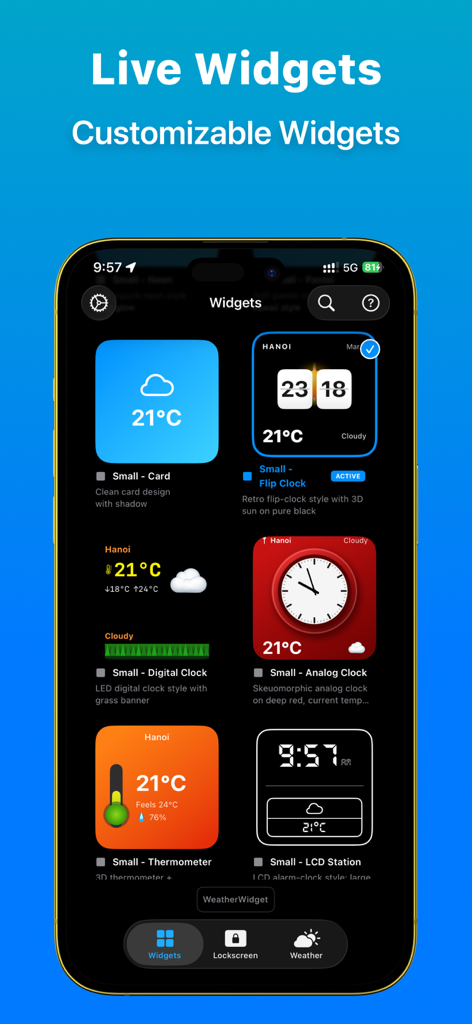 Interfaz que muestra varios diseños personalizables de widgets del clima y reloj para la pantalla de inicio