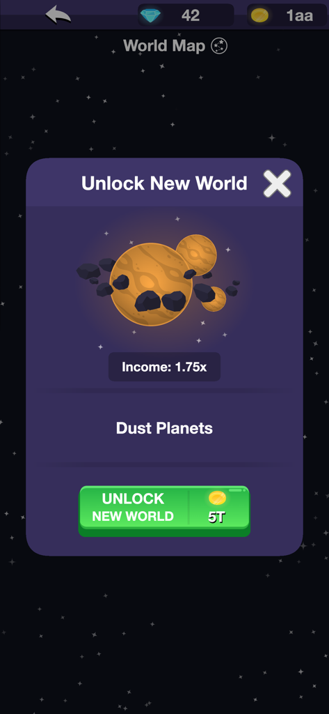 Planet Miner FRVR - Ventana emergente en Planet Miner FRVR mostrando la opción de desbloquear el mundo Planetas de Polvo por 5T de monedas.
