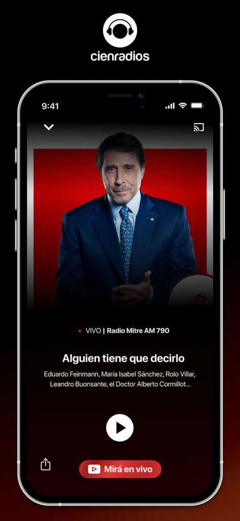 Cienradios - Captura de pantalla de la aplicación Cienradios reproduciendo una transmisión en vivo de Radio Mitre con el periodista Eduardo Feinmann.