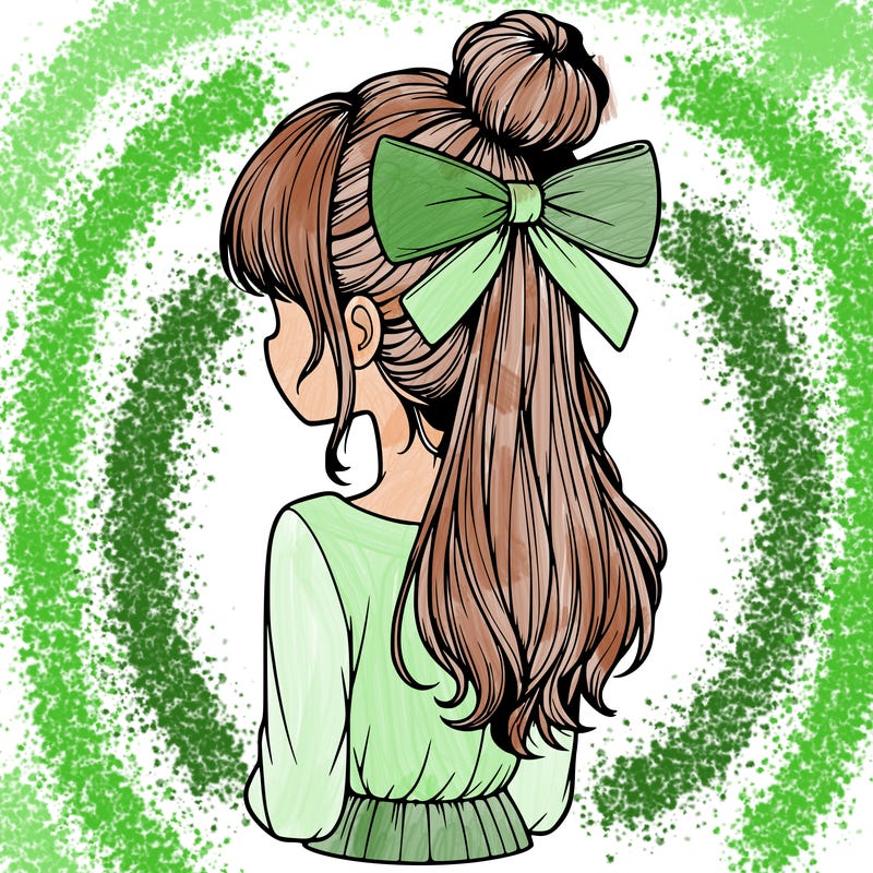 realistic girl  with hip length hair a bun and a big bow on the back of head