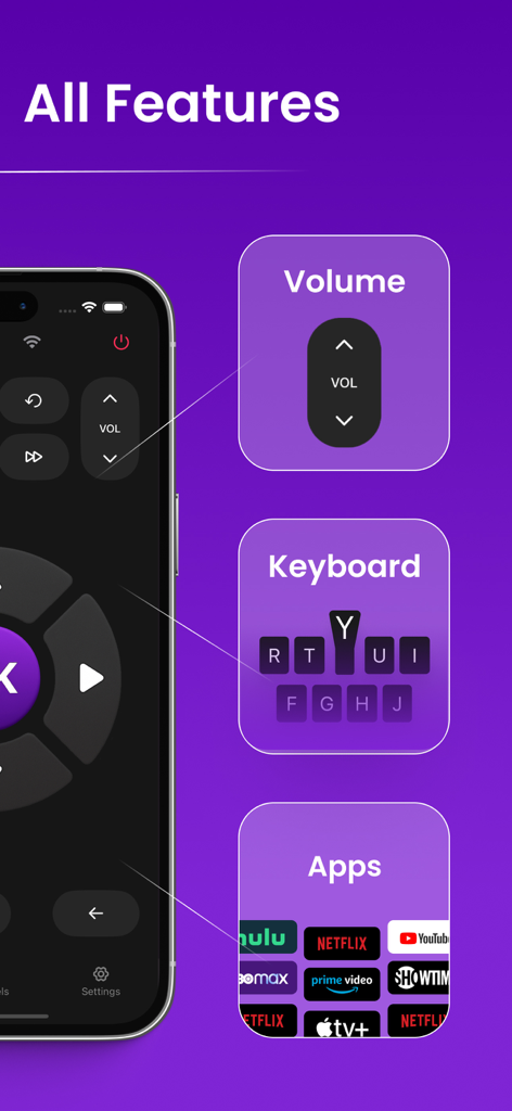 TV Remote for Roku · - Interfaccia dell'app telecomando TV Roku che evidenzia il controllo del volume, la tastiera e l'accesso rapido alle app di streaming