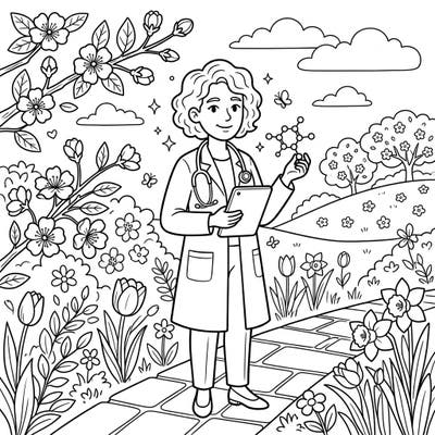 Celebrate the spirit of discovery and the beauty of spring with this unique coloring page. Featuring a bright medical innovator amidst blooming flowers, it's a perfect blend of learning and artistic expression.