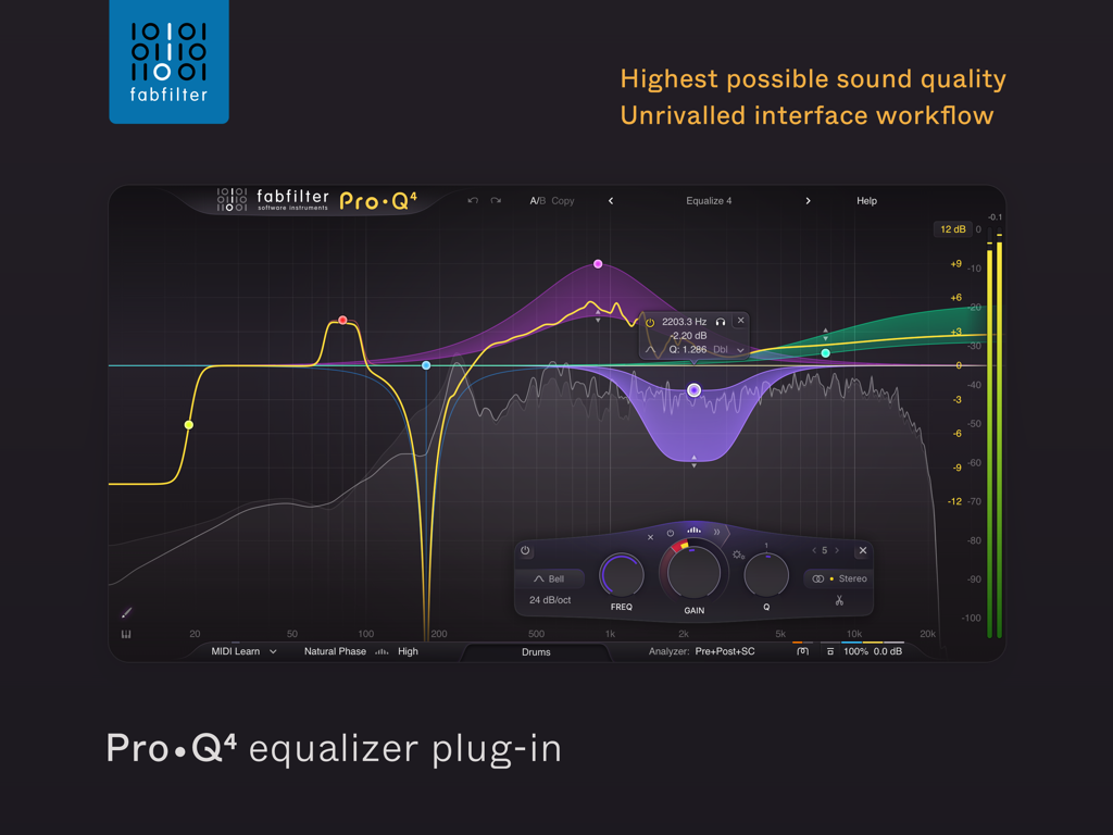 FabFilter Pro-Q 4 - Interface of the FabFilter Pro-Q 4 equalizer plugin showing frequency bands and a real-time spectrum analyzer
