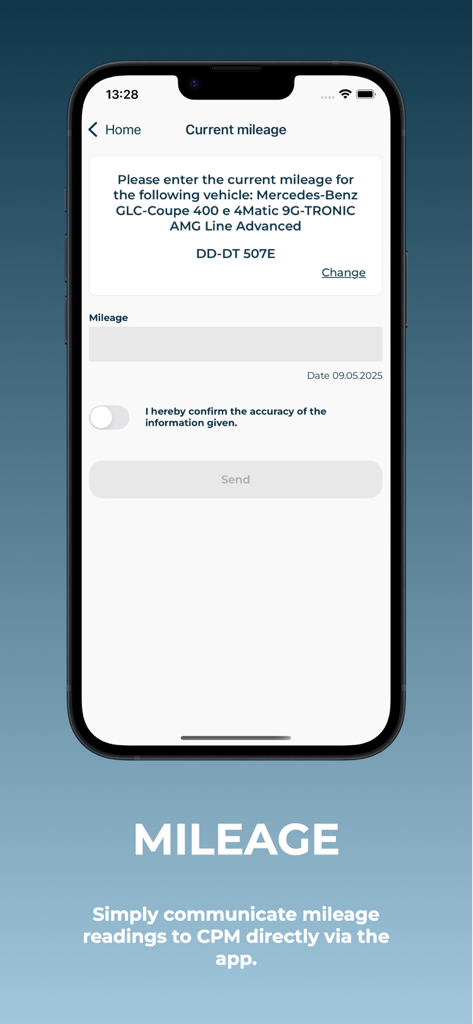 CPM-App - Benutzeroberfläche der CPM-App zur Eingabe und Übermittlung aktueller Kilometerstände