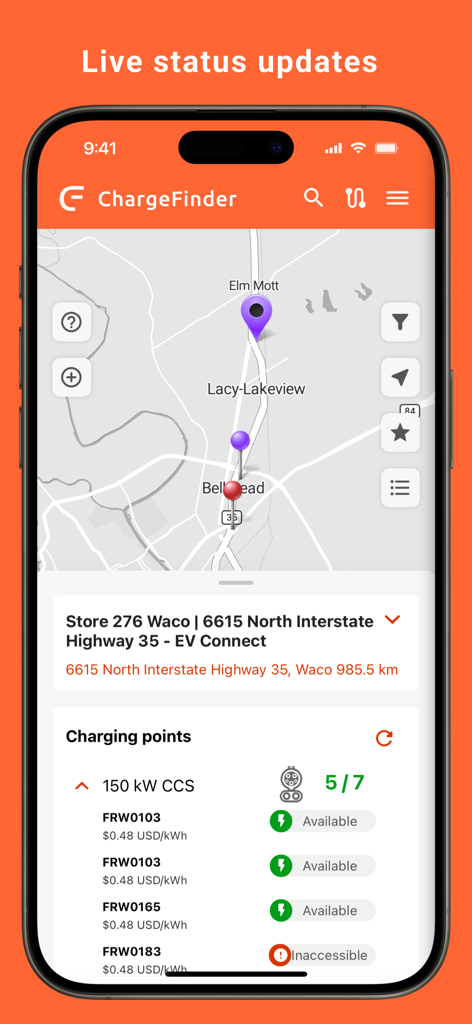 ChargeFinder app interface showing real-time charging station availability and pricing on a map