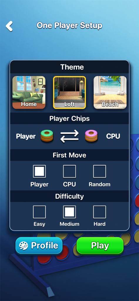Four In A Row Connect - Pantalla de configuración de un jugador en Conecta Cuatro que muestra la selección de tema, personalización de fichas y niveles de dificultad