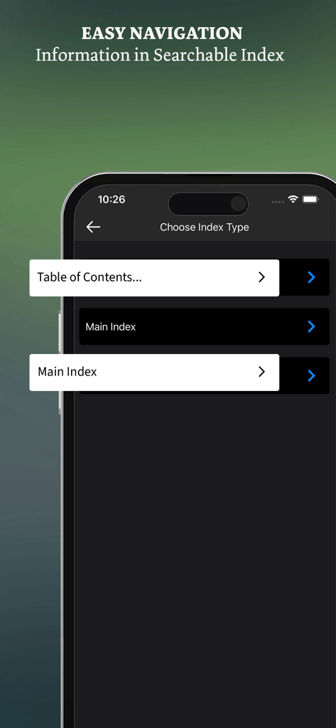 Pantalla de aplicación médica que muestra una navegación fácil a través de un índice de búsqueda y una tabla de contenido