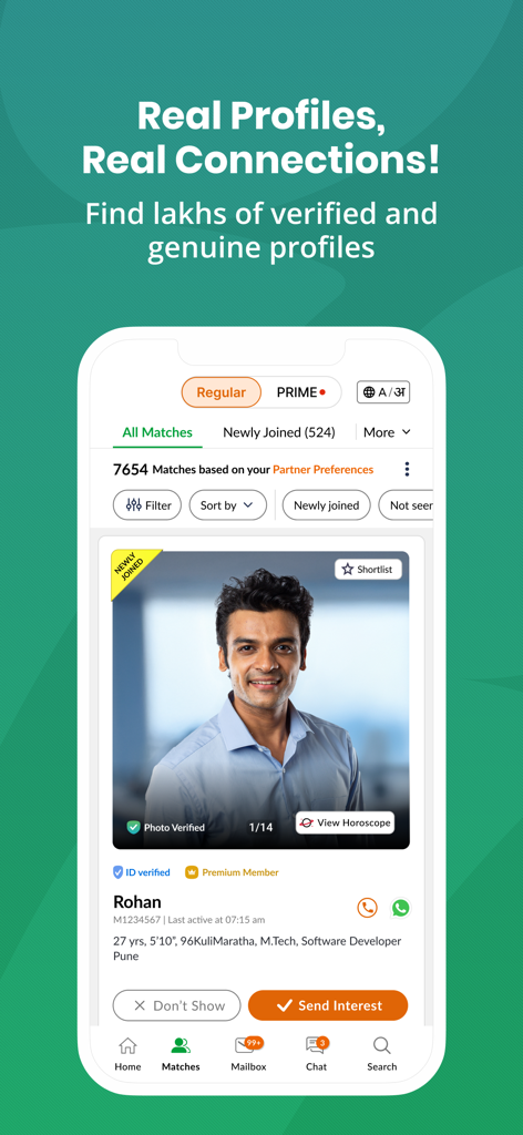 Interfaccia dell'app Marathi Matrimony che mostra profili verificati e autentici per il matrimonio