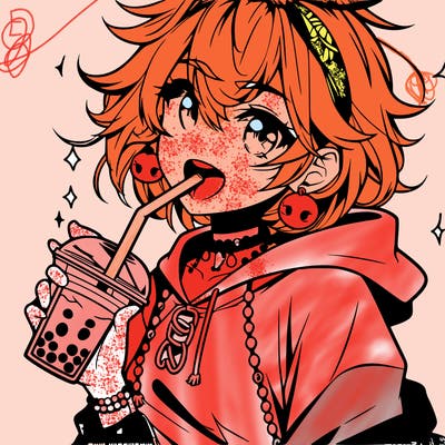 hot baddie anime girl drinking boba and biting the straw