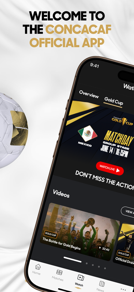 Concacaf Official - The Concacaf Official app welcome screen with Gold Cup match updates and video content