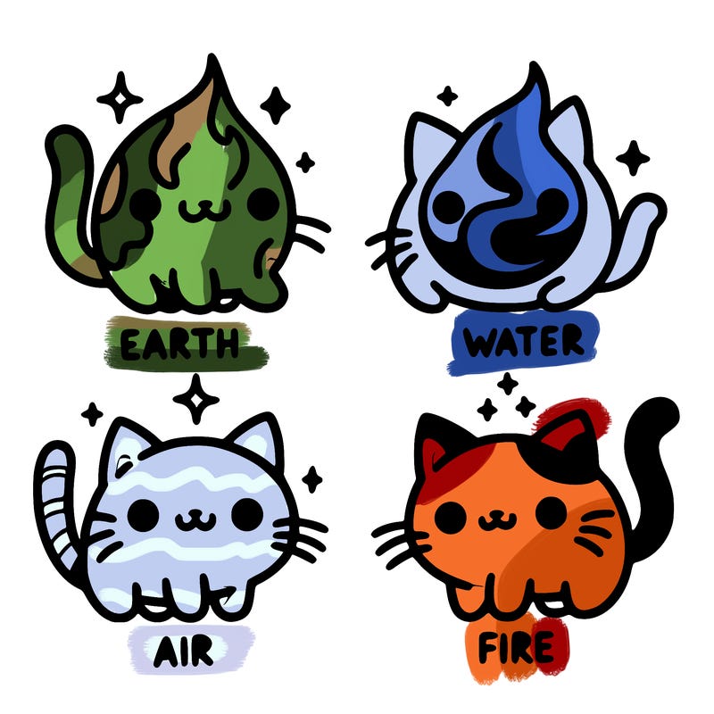 4 cats that represent the different elements, earth, water, air, and fire