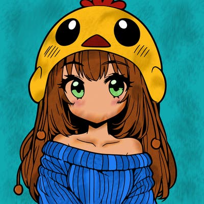 anime girl with chick shaped hat with sweater with bare shoulders with bangs covering them one eye with low tail