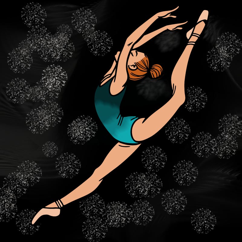 gymnast doing a leap in a leotard with a bent back leg