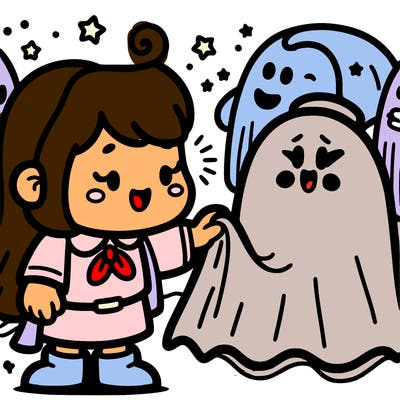 there was a little ghost that was scared of people around her. a girl was taking care of her, and the little ghost was so happy.