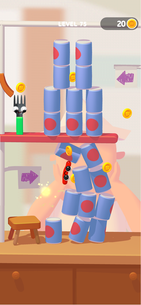 A cartoon sausage character falling through a stack of blue cans towards a fork in the mobile game Fork N Sausage.