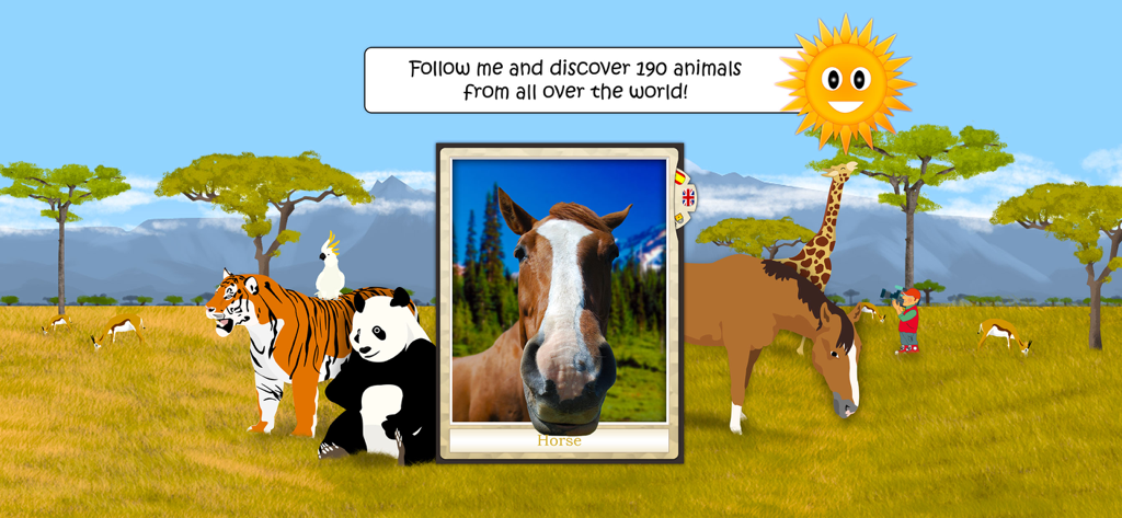 Animal World (Full Version) - Una captura de pantalla de la aplicación Animal World con un paisaje de sabana con varios animales y una tarjeta fotográfica de un caballo.