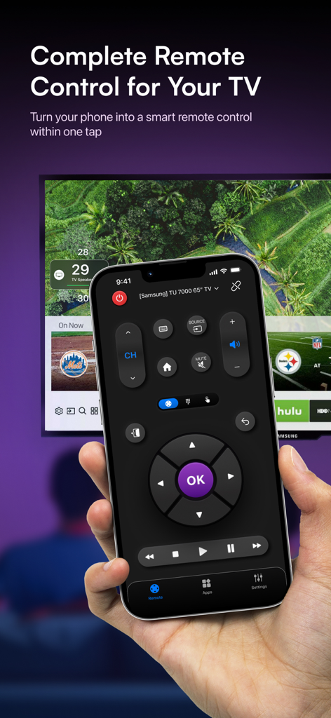Aplicativo Conectar TV Remoto mostrando uma interface de controle universal em um iPhone