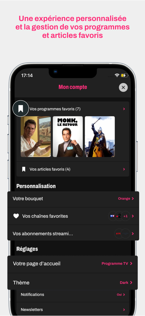 Interface du compte utilisateur de l'application Tele 7 Jours présentant les programmes et paramètres favoris