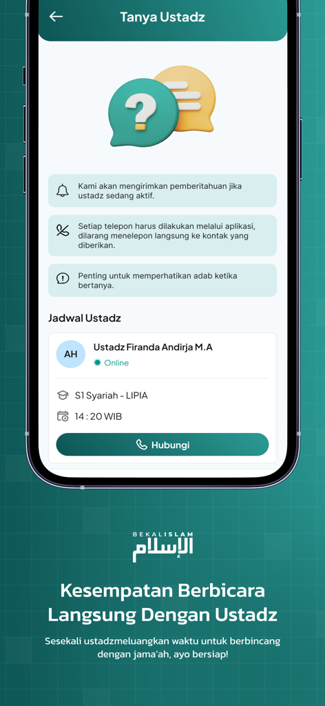 Bekal Islam app interface showing the Ask Ustadz feature with a contact button for direct discussion with a scholar