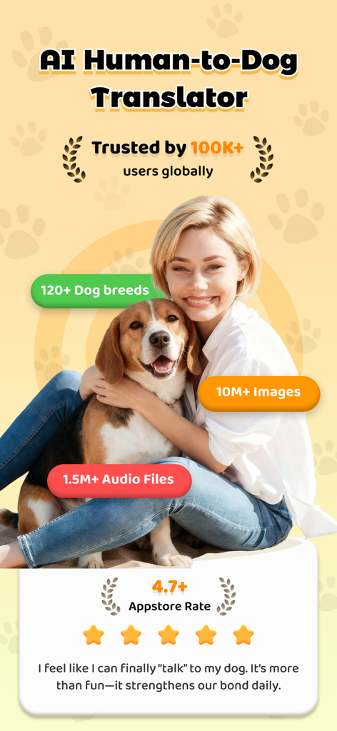 Dog Translator: Games For Pets - A woman hugging her beagle dog on the AI Human-to-Dog Translator app screen showing high ratings and user trust stats.