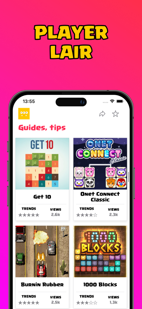 Mini Games - Game Pack - Screenshot of the Player Lair screen in the Mini Games app showing a menu of game guides and tips for various puzzles and arcade games