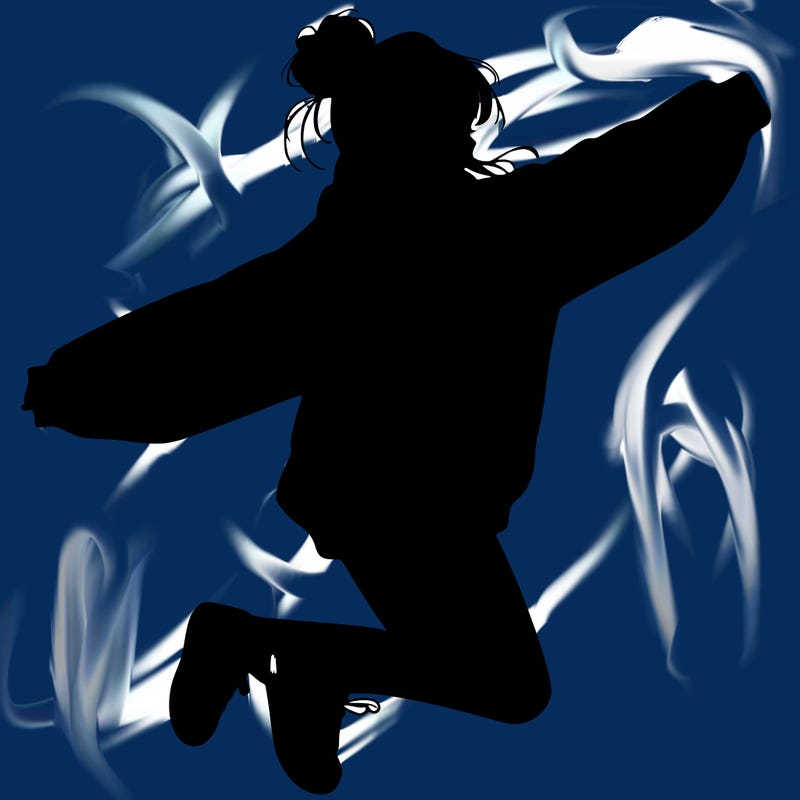 realistic girl jumping with a bun and oversized sweatshirt