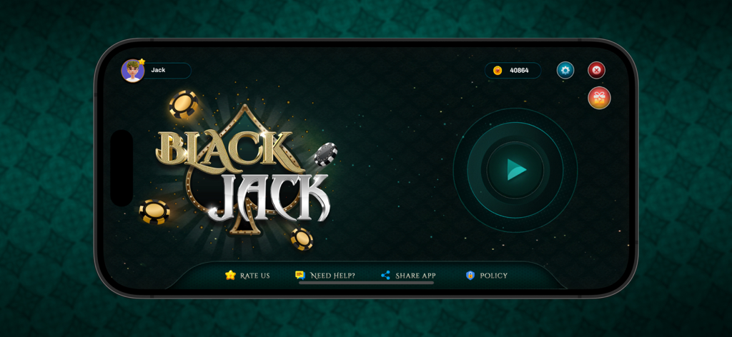 Blackjack 21 : Cards Game - Hauptmenü des Blackjack 21 Kartenspiels mit einer 'Spielen'-Schaltfläche und Casino-Chips auf dunklem grünen Hintergrund