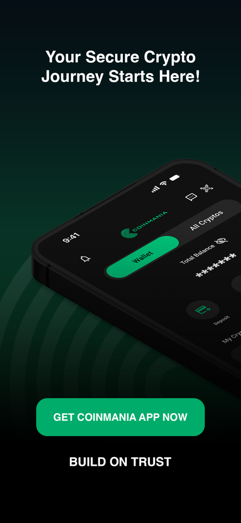 Coinmania app interface showing a secure crypto wallet on a dark background