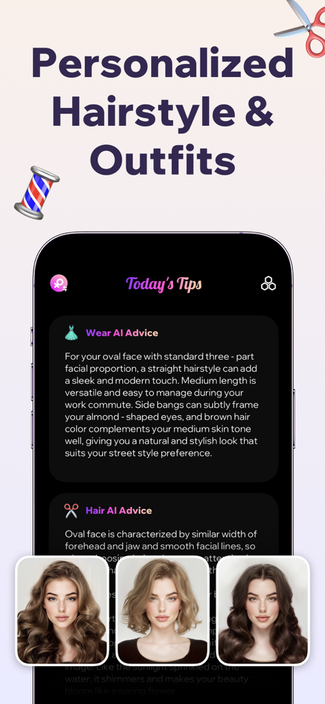 Prookie: Hair AI Hairstyle app - Interfaccia dell'app Prookie che mostra consigli personalizzati di acconciatura e outfit AI basati sulla forma del viso