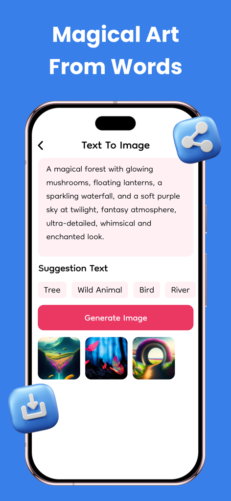 AR Draw : Sketch & Art Maker - Screenshot of the AR Draw app showing the Text to Image feature with a fantasy prompt and AI generated art results.