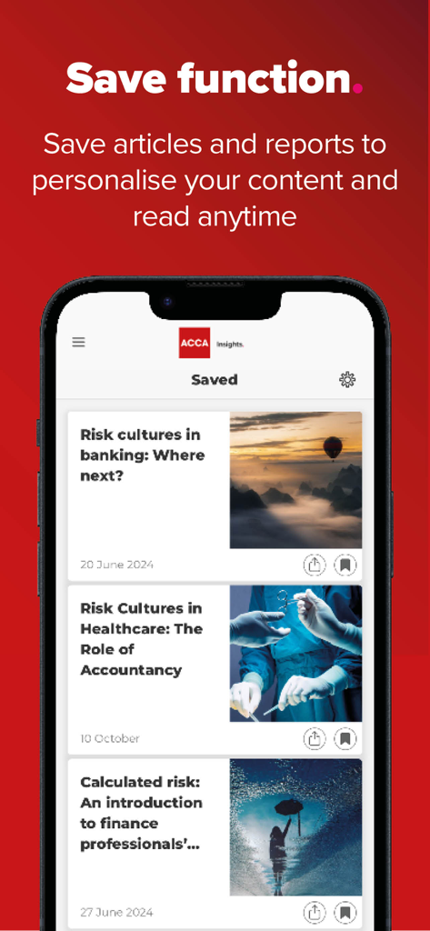 ACCA Insights - Ein mobiler Bildschirm, der den Abschnitt mit gespeicherten Artikeln in der ACCA Insights App mit Titeln zum Thema Risikokultur und Finanzen zeigt.