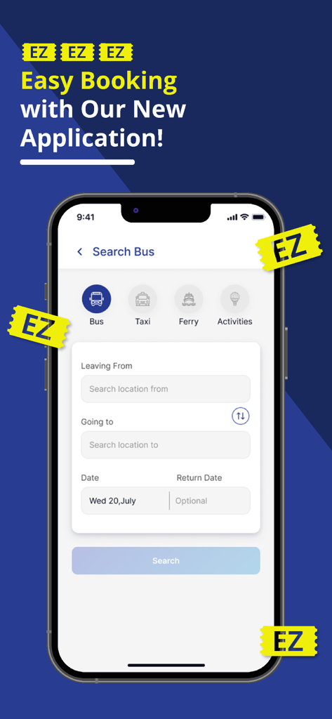 Camboticket - Smartphone screen displaying the Camboticket app bus search and booking interface.