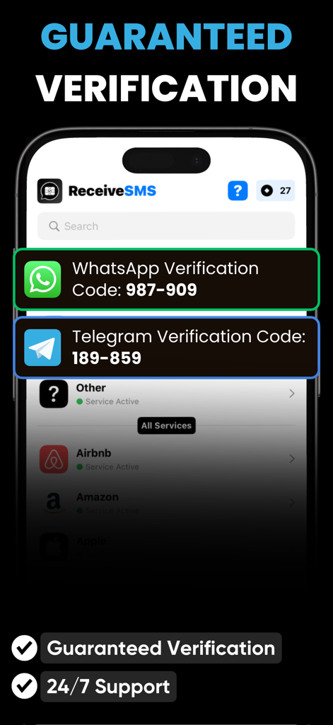 Virtual Numbers & Receive SMS - Smartphone-Bildschirm zeigt virtuelle SMS-Verifizierungscodes für WhatsApp und Telegram mit einem garantierten Verifizierungsabzeichen an