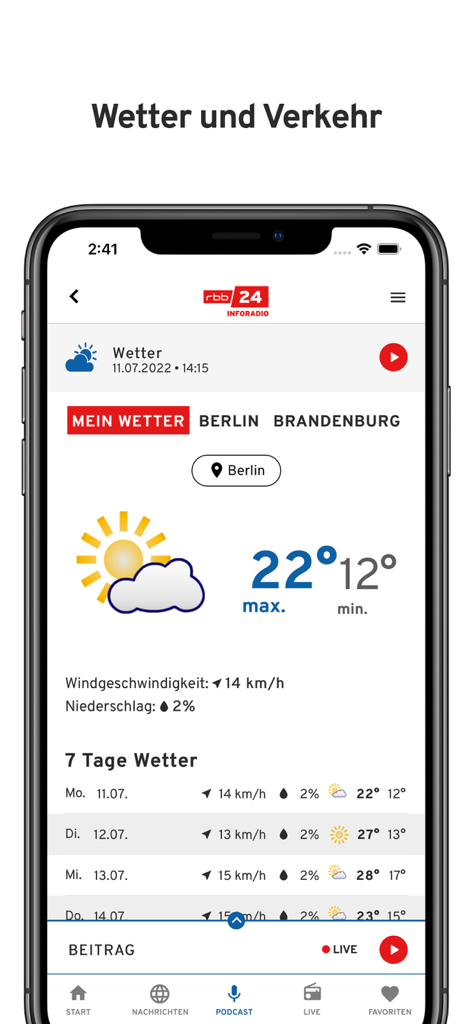 rbb24 Inforadio - rbb24 Inforadio app showing local weather and 7-day forecast for Berlin