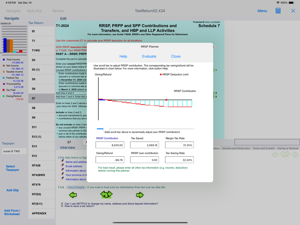 TaxFreeway 24 - The RRSP Planner interface in TaxFreeway 24 for iPad illustrating tax savings based on contributions