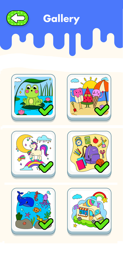 개구리, 유니콘, 바다 생물 등을 포함한 다양한 완성된 색칠 페이지를 보여주는 Color and Draw 앱의 갤러리 화면.