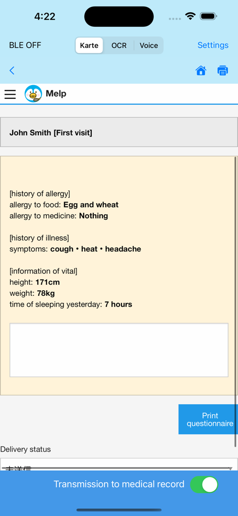 Melp Record - Tela de resumo médico do aplicativo Melp Record mostrando o histórico do paciente e o controle de transmissão para o prontuário eletrônico