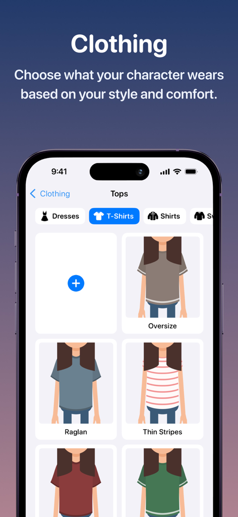 Weather Fit: Wearing Smart - A mobile interface for the Weather Fit app showing a variety of t-shirt styles like oversize and raglan for personalizing a digital avatar.