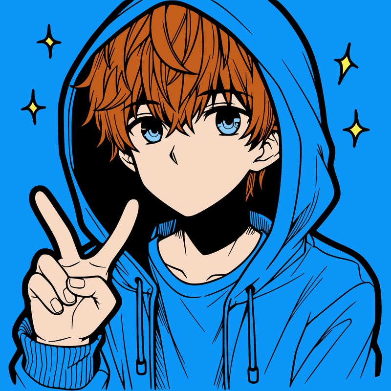 teenage manga boy in a hoodie, doing ✌