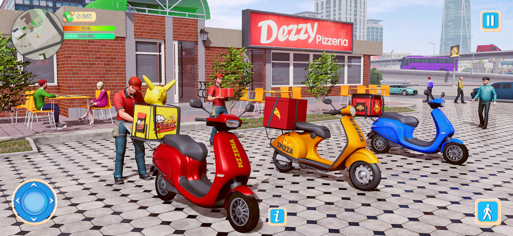 Pizza Food Delivery Boy Games - Pantalla del juego de repartidor de pizza con varias motos aparcadas frente a "Dezzy Pizzeria" en un entorno de ciudad 3D
