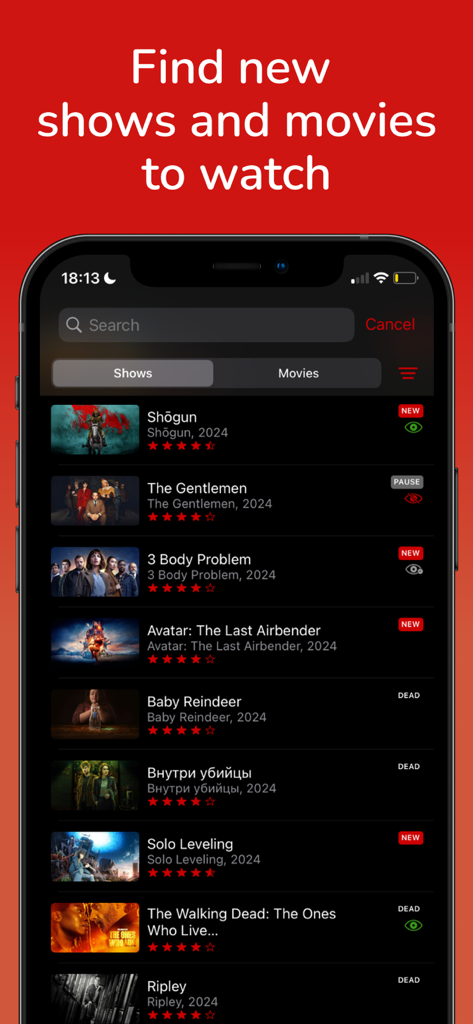 MyShows - Track Shows & Films - Interface of the MyShows app showing a list of popular TV shows and movies to discover and track