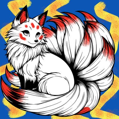 realistic detailed 9 tailed anime fox