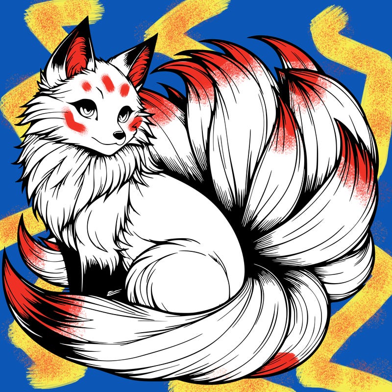 realistic detailed 9 tailed anime fox