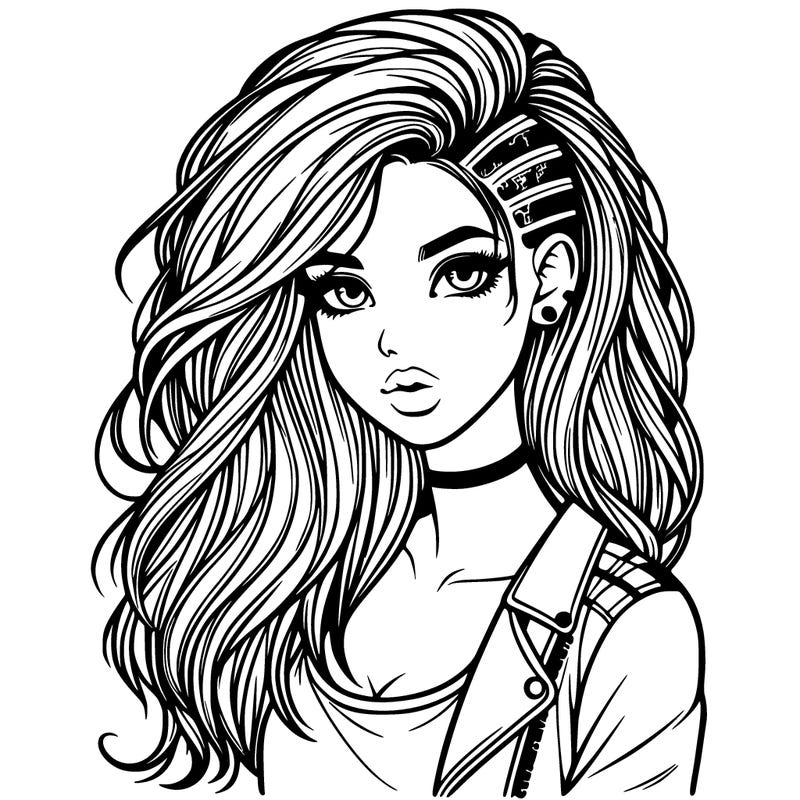 realistic beautiful girl with long hair and punk style