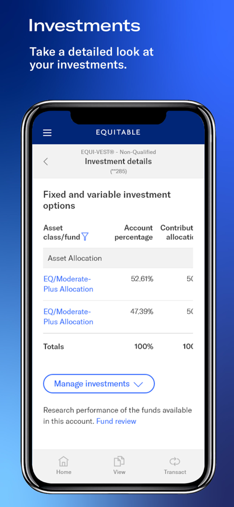 Equitable mobile app interface displaying investment details and asset allocation percentages.
