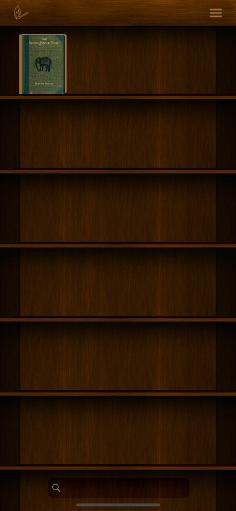 ReadMe! (BeeLine & Focus) - A digital wooden bookshelf interface in the ReadMe app displaying a copy of The Second Jungle Book.